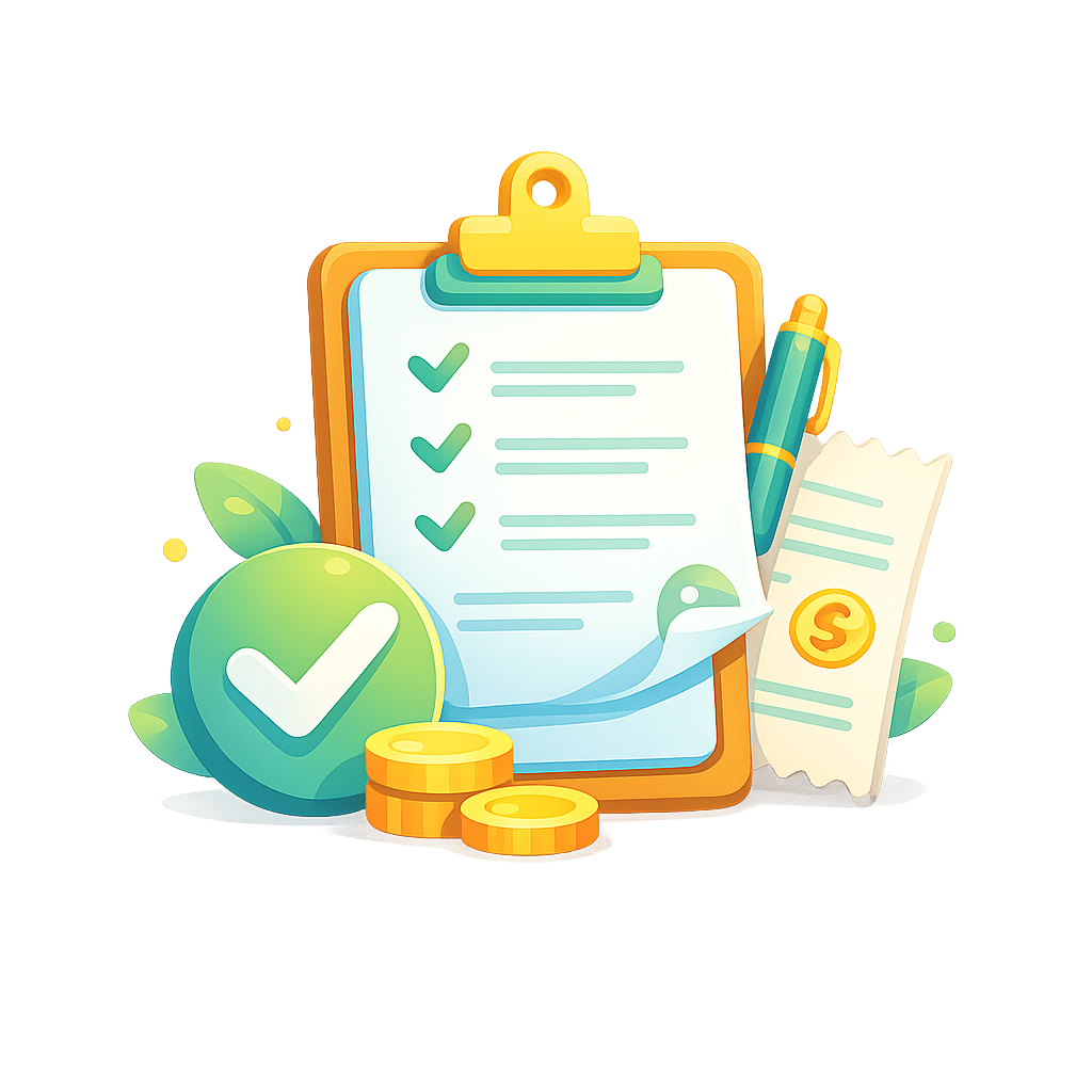 A clipboard with a checklist, a green checkmark, coins, and a receipt, all set against a black background. The elements suggest themes of organization and finance.
