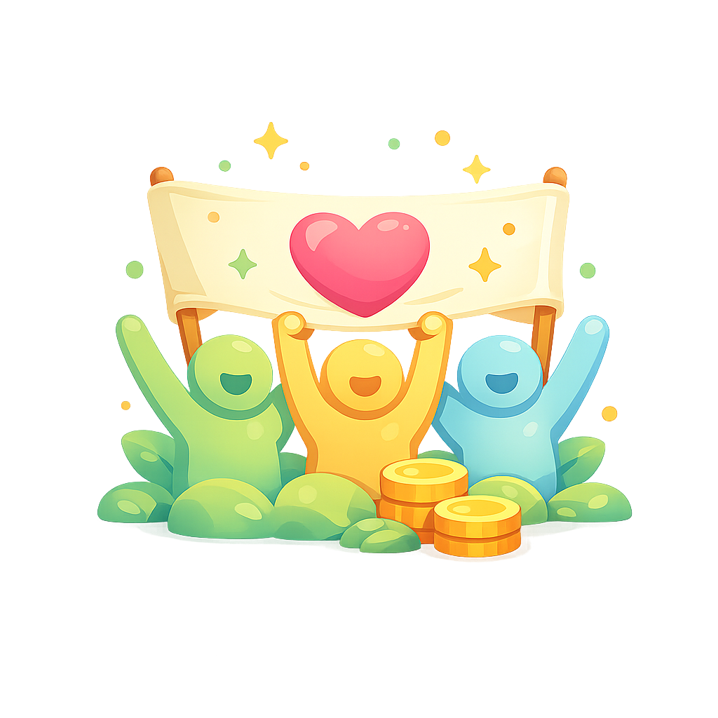 Three colorful cartoon characters cheerfully hold up a banner with a heart symbol, surrounded by coins and sparkles. The background is black, emphasizing the joyful scene.