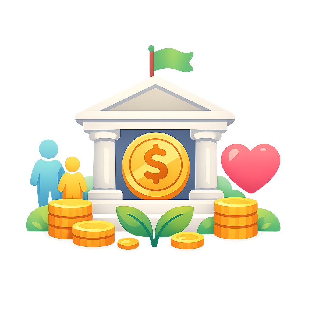 A bank building surrounded by coins, plants, and symbols representing family and love. The design features a dollar coin prominently displayed at the center.