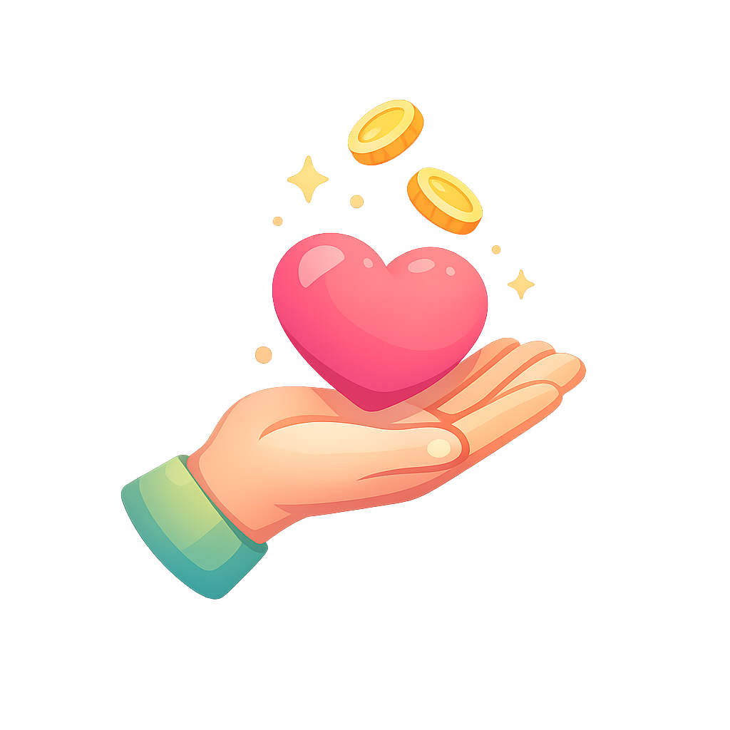 A hand holds a pink heart with gold coins and sparkles above it, symbolizing love and wealth.
