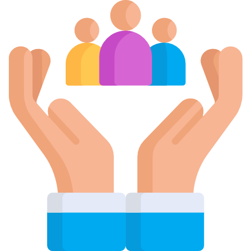 Two hands are holding stylized figures representing people, symbolizing support and community. The design features vibrant colors against a black background.