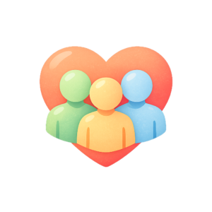 Three stylized human figures in front of a heart shape, symbolizing community and connection. The figures are in green, orange, and blue colors.