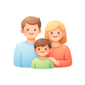 A cheerful family illustration featuring a man, a woman, and a boy, all smiling and standing together against a black background.
