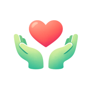 Two hands in a light green color are gently holding a pink heart, symbolizing care and love.